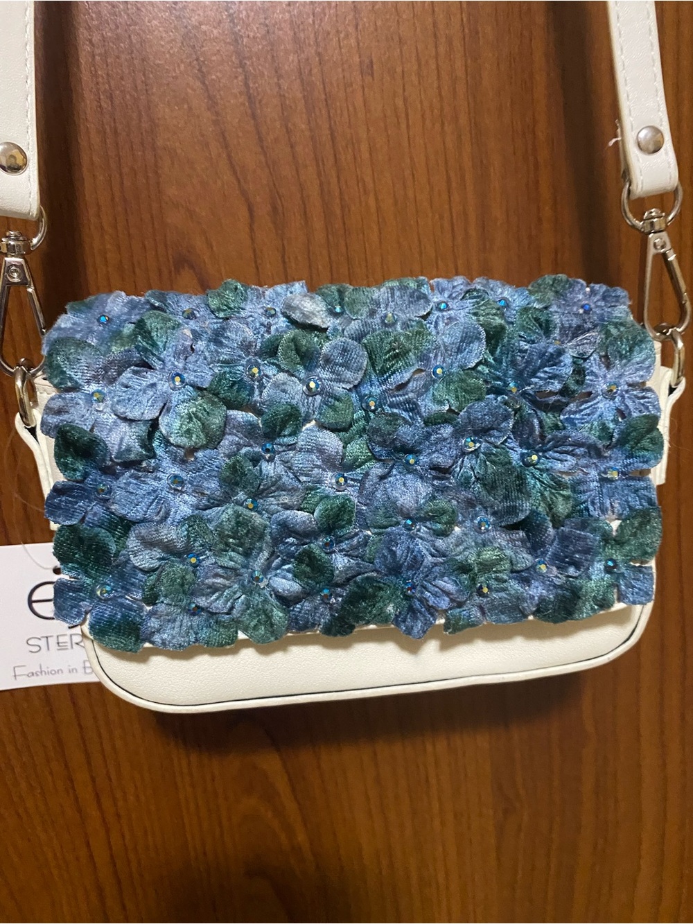 EJ Stern Blue Floral and rhinestone embellishments Crossbody Bag - White Strap